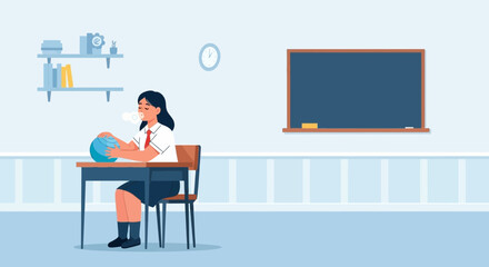 Tired Student Inflates Globe During Breaktime At Classroom Or After Class