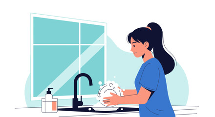 Woman Doing Dishes By The Window In A Minimalist Vector Illustration
