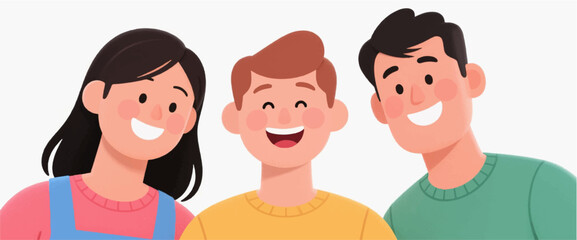 A flat illustration of a group of cheerful friends with one girl and two guys. Vector graphics. EPS.