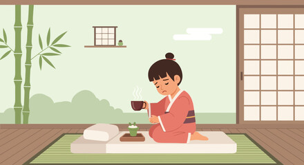 Traditional Japanese Girl Offering Hot Tea While Seated on Tatami Mat