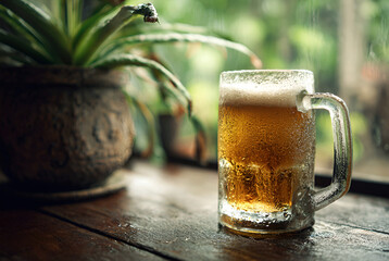 Frosted glass mug of golden beer with foamy head on wooden table amber