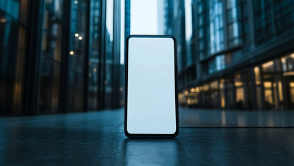 Smartphone with blank white screen in front of blurred modern glass buildings mobile phone blank screen