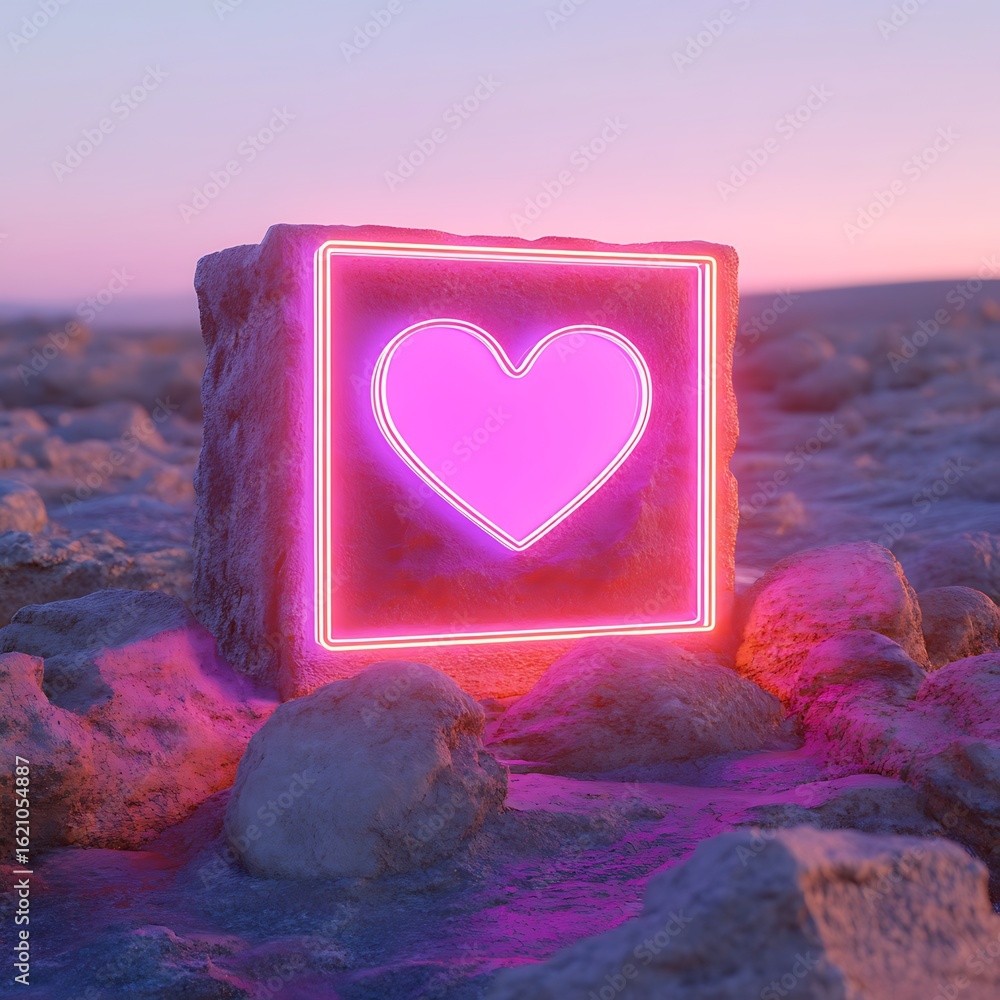Poster illuminated neon heart design displayed on a stone structure in a desert evening photo
