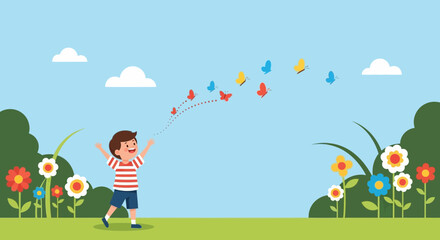 Illustration of a happy boy releasing colorful butterflies in a blooming meadow