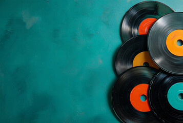 Vintage Vinyl Records on Teal Background