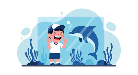 Illustration of a joyful boy admiring a dolphin in an aquarium exhibit at the zoo showcasing wildlife conservation and educational experiences