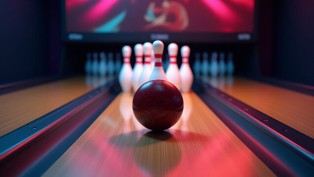 Professional bowling lane with fingertip ball on approach, white pins at end and neon lighting — ideal for entertainment designs, corporate events, or leisure center branding.