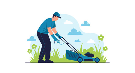Illustration of a man mowing the lawn, emphasizing outdoor maintenance and yard work illustration concept