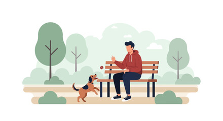 Fototapeta premium Illustration of a man playing with his dog in the park on a sunny day scene