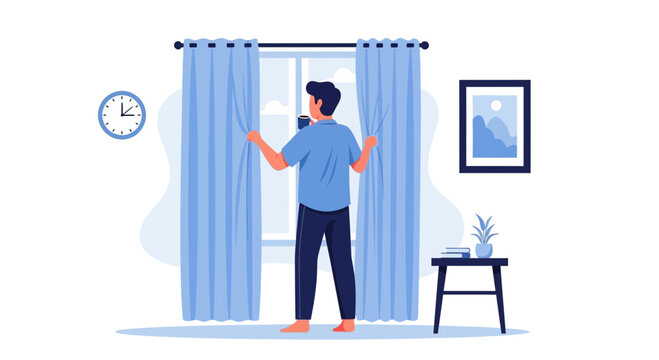 Illustration of a man opening curtains in the morning while holding a drink, creating a peaceful start to the day