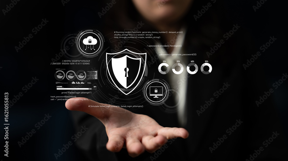 Poster cyber security protects against breaches, hacks, and network attacks using strong infrastructure and