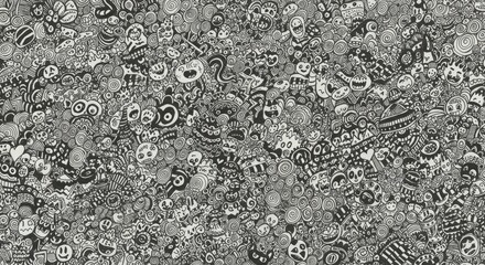 Whimsical world intricate doodle art featuring playful faces and detailed shapes