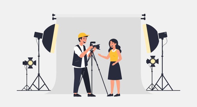 Illustration of a photographer taking a picture of a model in a studio setting with professional lighting and backdrop creating a professional atmosphere