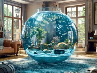 huge round fish bowl aquarium in a bright living room