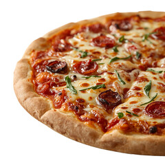 Delicious pepperoni pizza with melted cheese, garnished with basil, isolated on white background, copy space