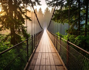 Misty suspension bridge through forest at sunrise