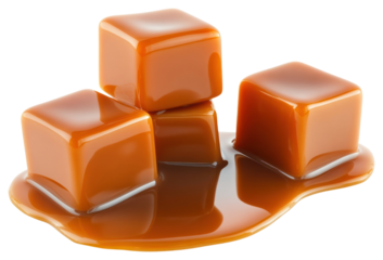 Three caramel cubes stacked and melted caramel chocolate dessert food.