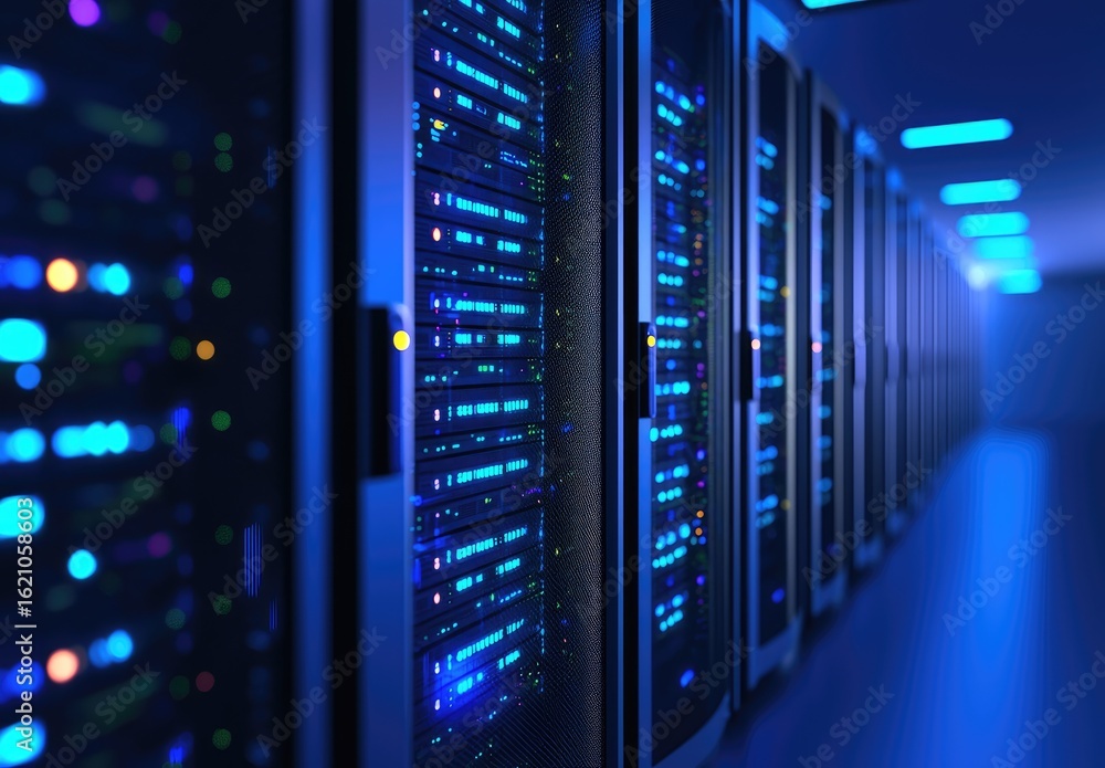 Poster futuristic blue-lit corridor of computer servers in a data center, representing cloud technology, da