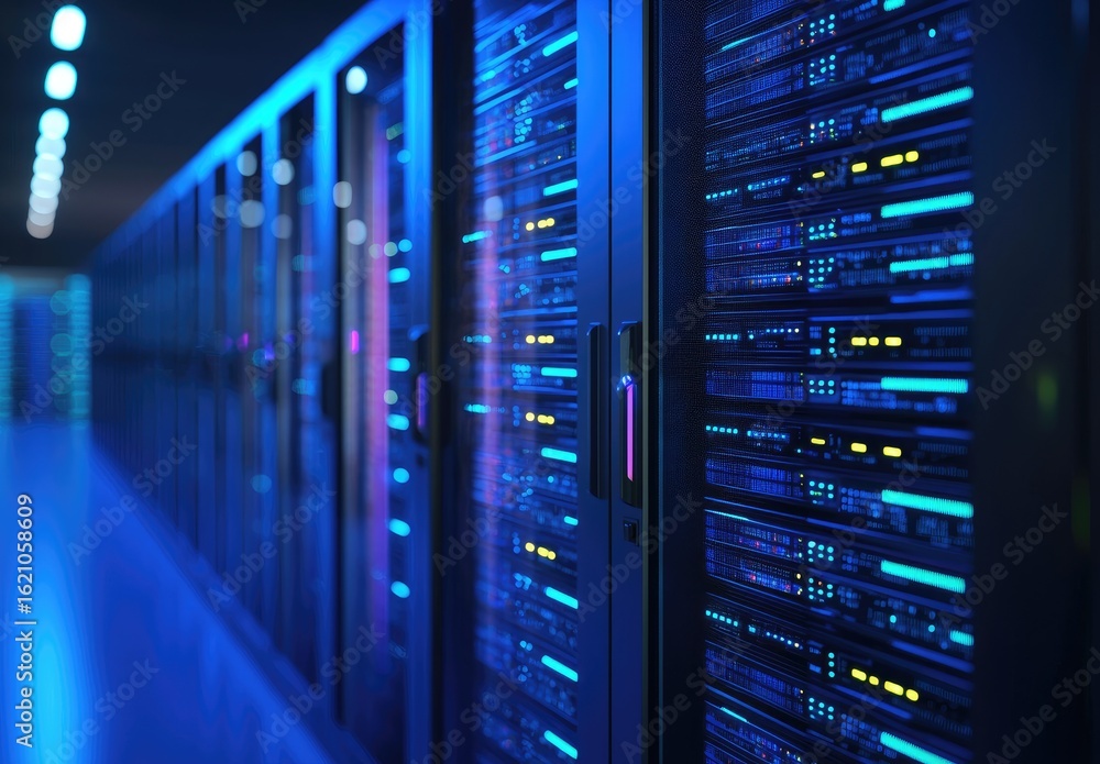 Poster modern corridor of blue-lit computer servers in a futuristic data center, symbolizing cloud infrastr