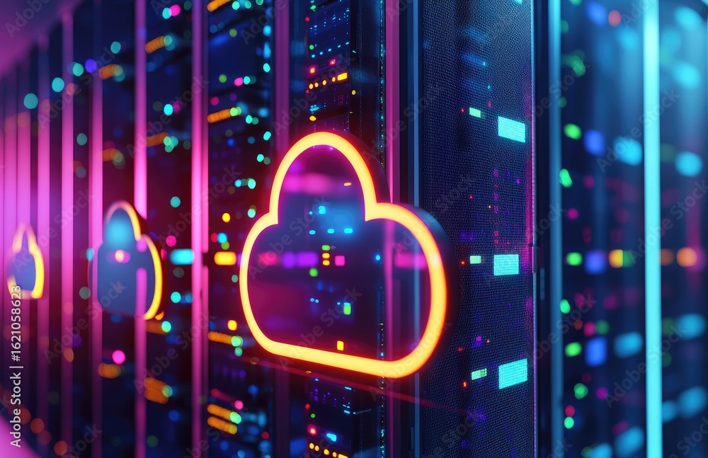Poster vibrant neon orange cloud symbol in a colorful data center environment representing cloud computing,