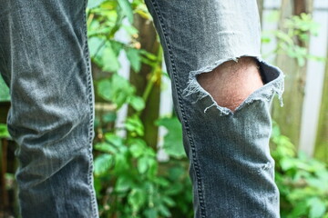 one man standing in gray fashion stylish old worn striped jeans with hole on knee near green leaves...