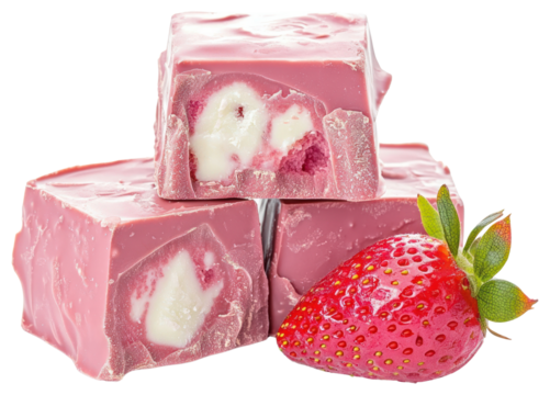 Three pink white chocolate fudge cubes stacked strawberry dessert produce.