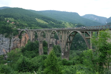 Majestic bridge spans deep valley in picturesque landscape showcasing nature's beauty