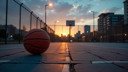 Urban basketball court at dusk, illuminated hoop and worn asphalt &mdash; ideal for streetwear culture, sports projects, or urban art.