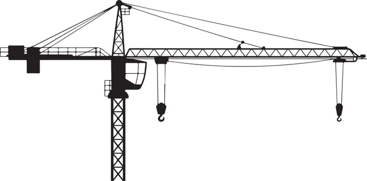 Black silhouette of a construction tower crane with a lattice mast operators cab and two hooks