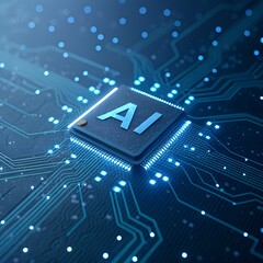 Photo of close up of an artificial intelligence microchip on a circuit board representing future technology and innovation