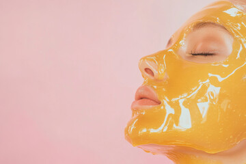 Close up of a woman with glowing skin and a yellow mask on her face, the concept of beauty and youthfulness