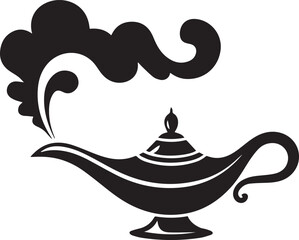 Stylized black silhouette of a classic magic genie lamp with swirling smoke emerging