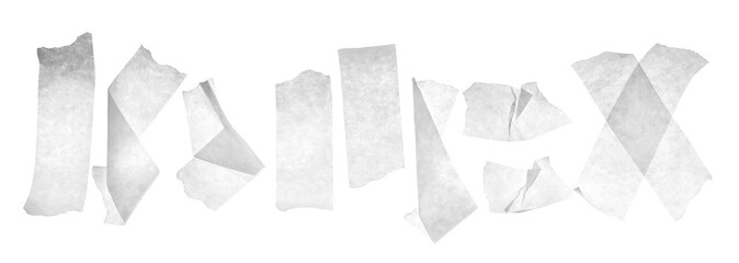 Set paper adhesive tape, pieces flying isolated on white, clipping path	