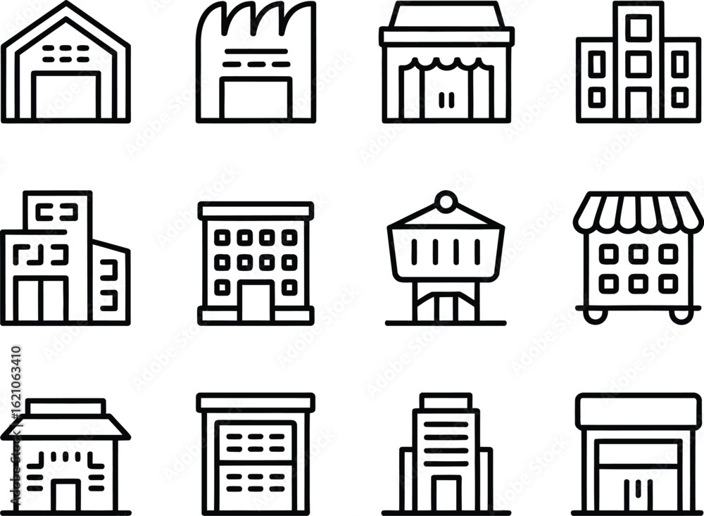 Aufkleber collection of simple line art icons representing various building types and architectural styles
