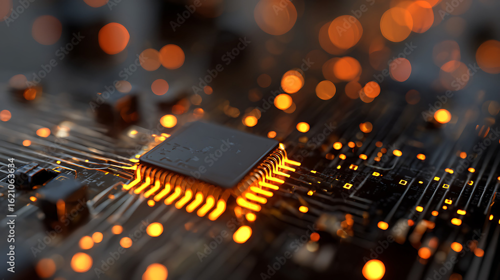 Aufkleber glowing circuit board with central processor and orange bokeh lights microchip technology