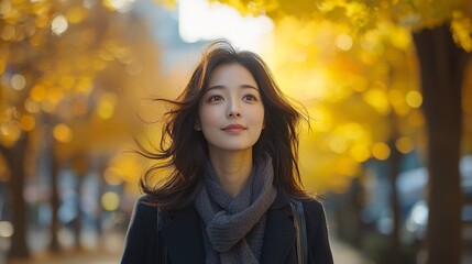 A contemplative woman is walking through an autumn park, enveloped in the vibrant yellow leaves all around