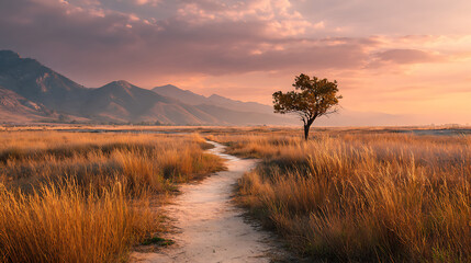 Golden meadow path winding towards distant hazy mountains under a soft pink sky landscape tree
