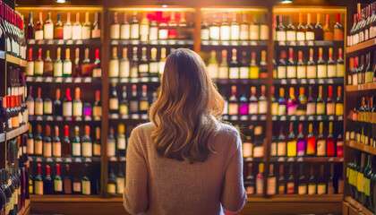 Woman observing extensive selection of wine bottles in dimly lit store during evening hours