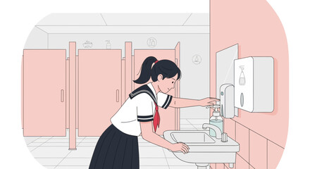 Schoolgirl Using Hand Sanitizer in Restroom Maintaining Hygiene In Public Place