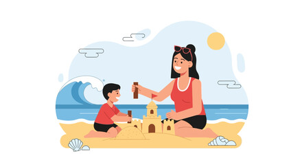 Fototapeta premium Mother and Son Enjoying Summer Vacation, Building Sandcastles on the Beach