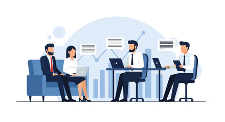 Professional business team discussing work and strategy in a meeting setting with digital graphs and laptop display background