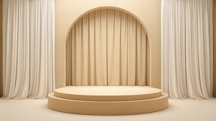 Elegant beige podium with curtains and arch, perfect for product display and presentation background