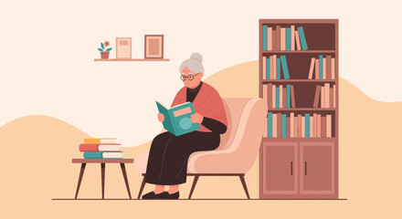 Senior Woman Relaxing In Armchair And Reading A Book Quietly
