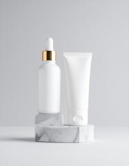 Cosmetic Product Display with White Bottle and Tube on Marble Blocks