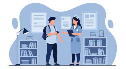 Nurse Consulting With A Student About A Vaccination In A Medical Office Setting