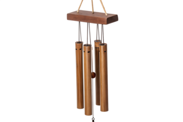 Minimalist bamboo wind chime with natural wooden elements. A piece of hanging art for home and garden decoration isolated on white.