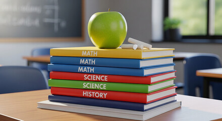 Red and green apple on a stack of school books for back to school education and learning