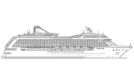 Minimalist line art illustration of a modern cruise ship. Concept for luxury sea travel, vacation, and ocean transport.