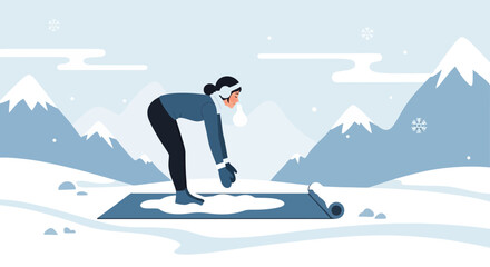 Serene Winter Yoga Session With Woman Stretching Outdoor Under Snowy Landscape