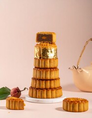 Stacked Mooncakes with Golden Details on White Surface with Teapot on Pink